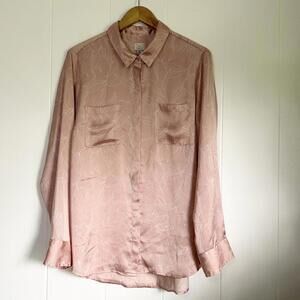A New Day Pink Floral Satin Long Sleeve Button Up Collared Blouse Women's XXL